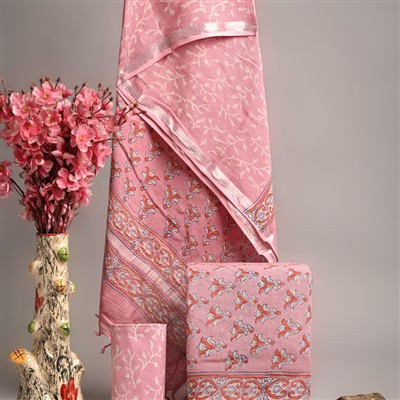 Peach Blossom Hand Block Linen Cotton Suit Set