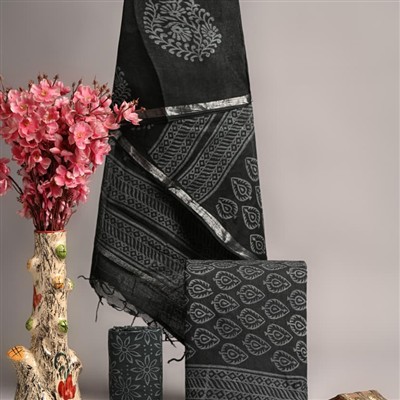 Silver Blooms Linen Cotton Suit Set with Hand Block Print