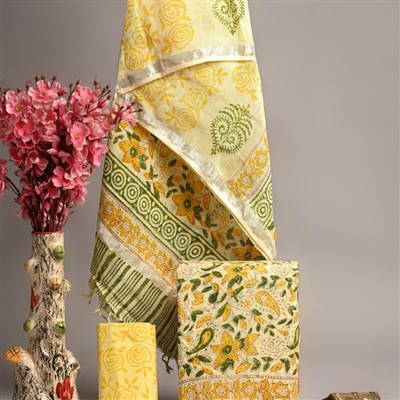 Hand Block Printed Linen Cotton Suit Set with Silver Border