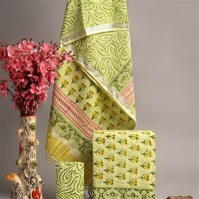 Serenity Swirls Linen Cotton Suit Set with Silver Border