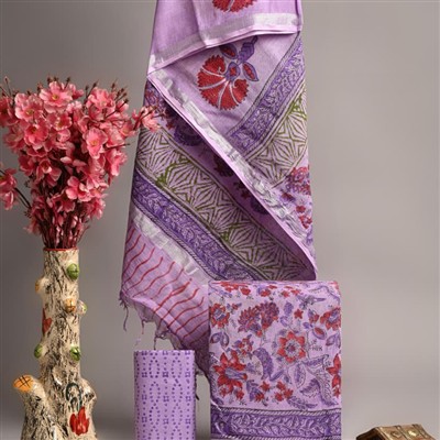 Hand Block Printed Lavender Linen Cotton Suit Set