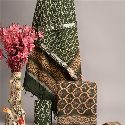 Olive Green Floral Linen Cotton Suit Set with Silver Border