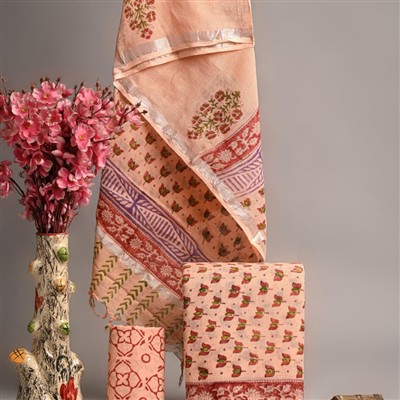 Peach Blossom Hand Block Linen Cotton Suit Set