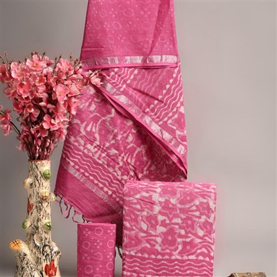 Hand Block Printed Linen Suits in Pink with Silver Border