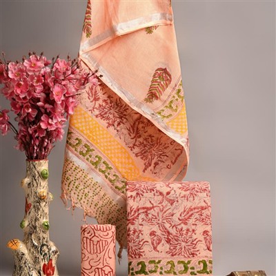 Peach Blossom Hand Block Linen Cotton Suit Set