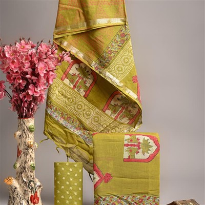 Hand Block Printed Linen Cotton Suit Set with Silver Border