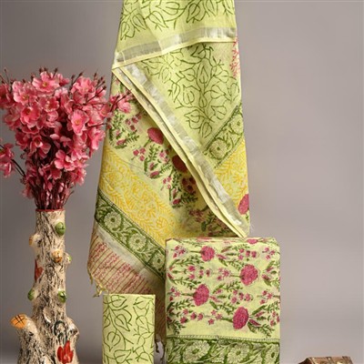 Floral Green Pink Linen Cotton Suits Set with Silver Border