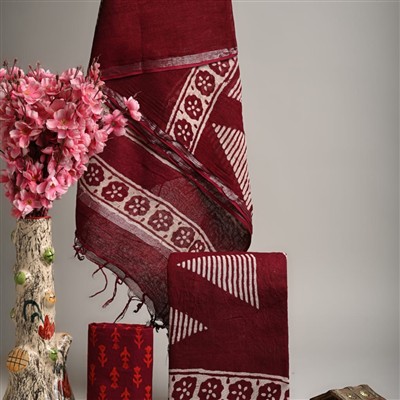 Burgundy Floral Linen Cotton Suit Set with Silver Borders