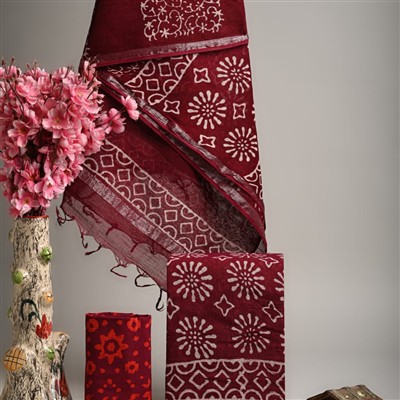 Hand Block Printed Maroon Linen Cotton Suit Set with Silver Border
