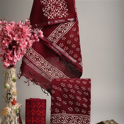 Burgundy Floral Block Print Linen Cotton Suit Set