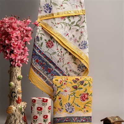 Hand Block Printed Linen Cotton Suit Set with Silver Border