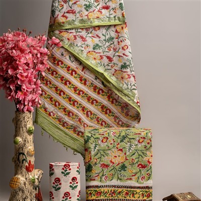 Crimson Floral Linen Cotton Suit Set with Silver Border