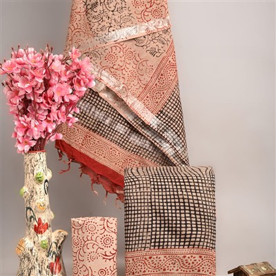 Hand Block Printed Linen Cotton Ethnic Suit Set with Silver Border