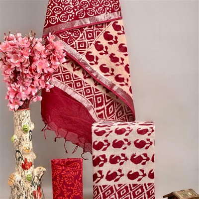Hand Block Printed Maroon & Cream Linen Cotton Suit Set