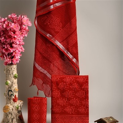 Crimson Blossom Hand Block Linen Cotton Suit Set
