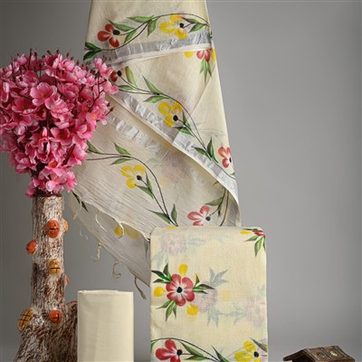 Floral Red & Yellow Linen Cotton Suit Set with Silver Border