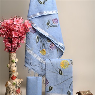 Hand Block Printed Linen Cotton Suit Set with Silver Border