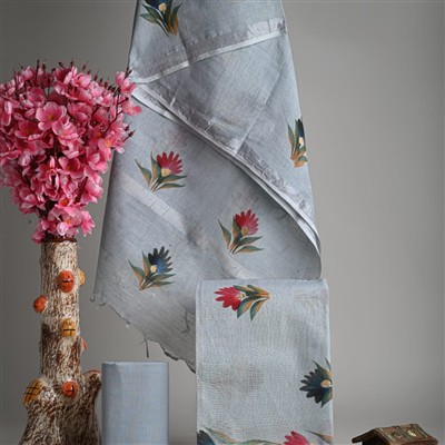 Hand Block Printed Linen Cotton Ethnic Suit Set with Silver Border