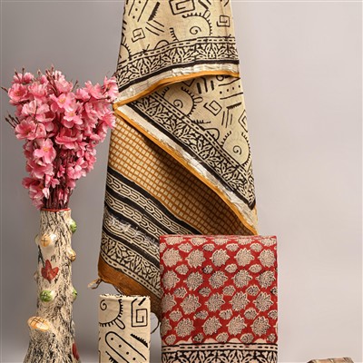 Indigo Floral Linen Cotton Hand Block Printed Suit Set with Silver Border