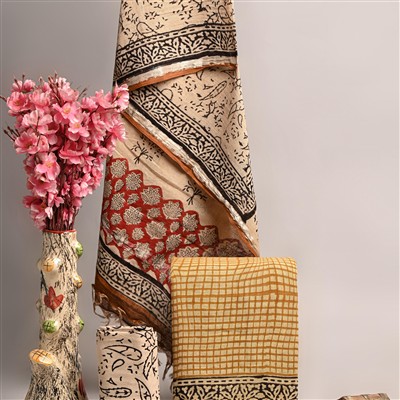 Hand Block Printed Linen Suit Set with Silver Border
