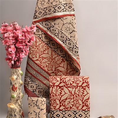 Hand Block Printed Linen Cotton Suit Set with Silver Border