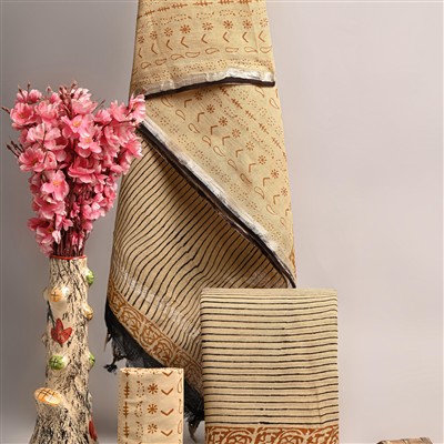 Brown Floral Linen Hand Block Printed Suit Set