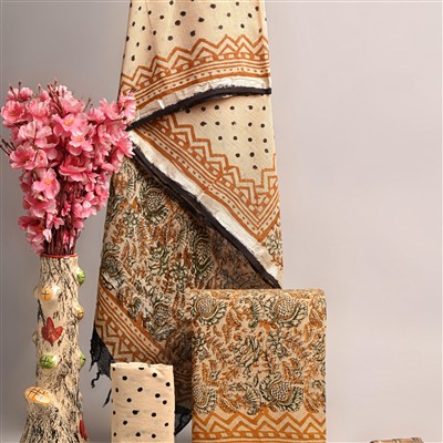 Hand Block Printed Linen Suit Set with Silver Border