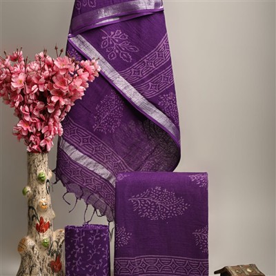 Lavender Silver Border Linen Cotton Suits Set
