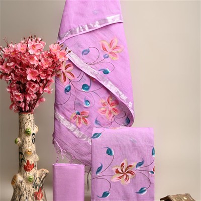 Lavender Blossom Linen Cotton Suit Set with Silver Border