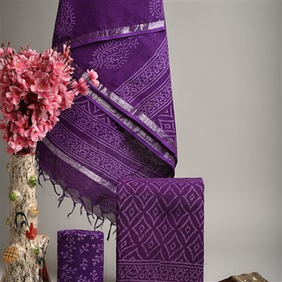 Lavender Paisley Linen Cotton Suit Set with Silver Border