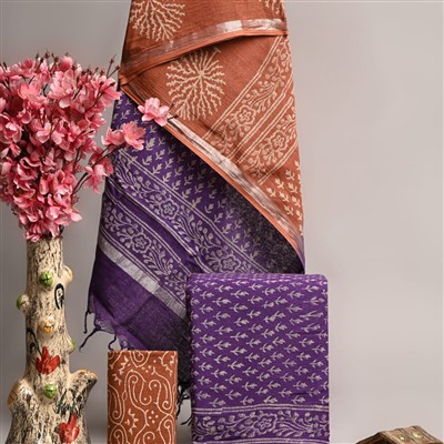 Terracotta Brown Floral Motif Linen Cotton Suit Set