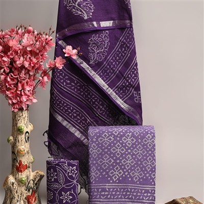 Linen Silver Border Hand Block Printed Suit Set
