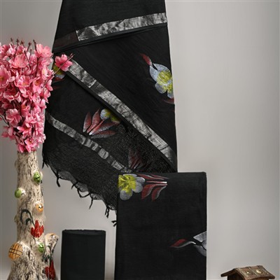Hand Block Printed Black Linen Cotton Saree Set with Silver Borders