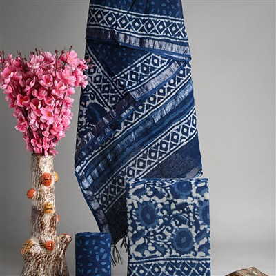 Indigo Floral Hand Block Printed Linen Cotton Suit Set
