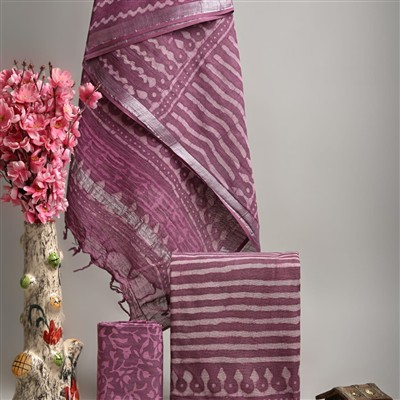 Mauve Hand Block Printed Linen Cotton Ethnic Suit Set
