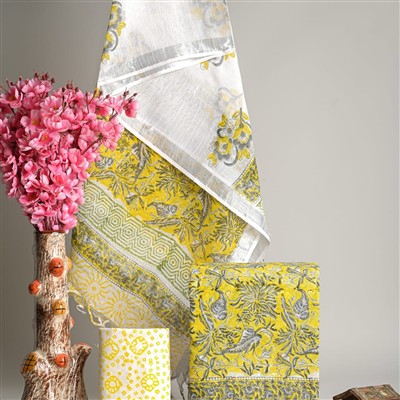 Hand Block Printed Linen Cotton Silver Border Ethnic Suit Set