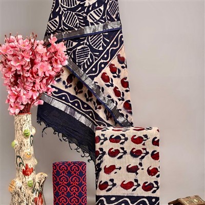 Crimson Leaf Print Linen Cotton Ethnic Suit Set