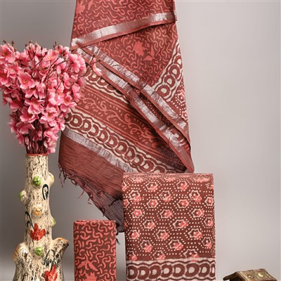 Hand Block Printed Linen Cotton Ethnic Suit Set with Silver Border