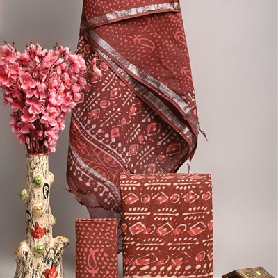 Hand Block Printed Linen Cotton Suit Set with Silver Border