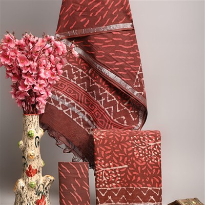 Hand Block Printed Linen Suit Set with Silver Border