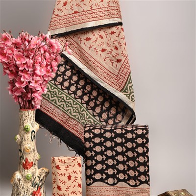 Hand Block Printed Floral Linen Cotton Ethnic Suit Set