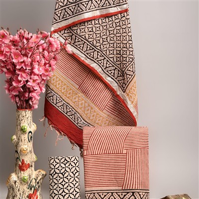 Hand Block Printed Linen Cotton Ethnic Ensemble with Silver Border