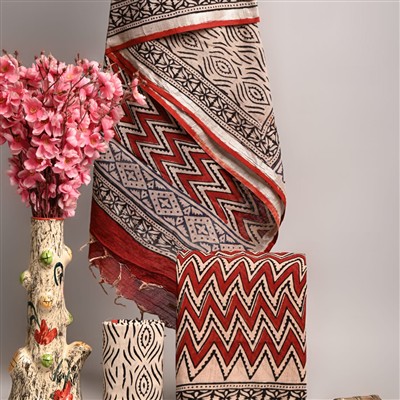 Hand Block Printed Linen Cotton Suit Set with Silver Border
