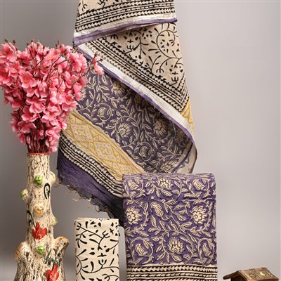 Mustard Floral Linen Cotton Suit Set with Silver Border