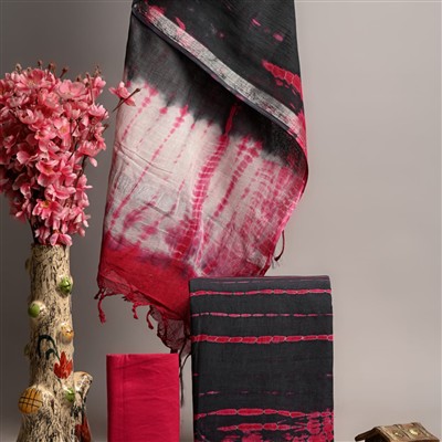 Crimson Tie-Dye Linen Cotton Suit Set with Silver Border