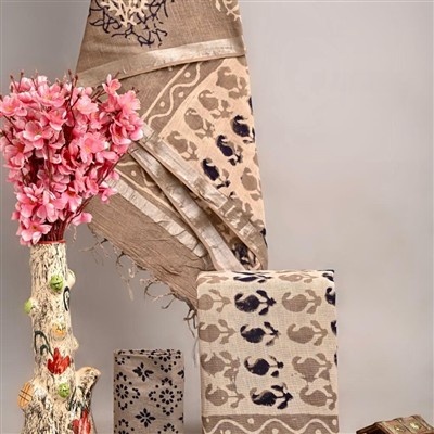 Hand Block Printed Linen Cotton Suits with Silver Border Set