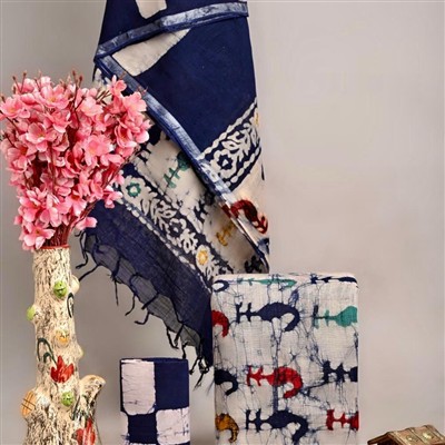 Hand Block Printed Linen Cotton Suit Set with Silver Border