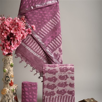 Mauve Blossom Hand Block Linen Cotton Suit Set