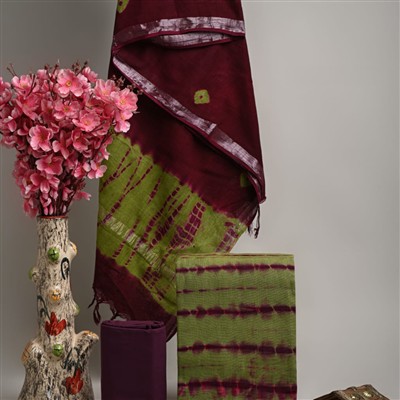 Hand Block Printed Maroon and Olive Green Linen Cotton Suit Set