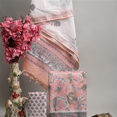 Peach Blossom Hand Block Linen Cotton Suit Set